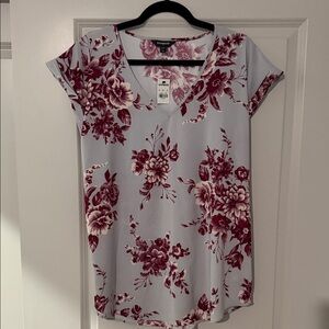 Express Light Blue V-Neck Tunic with Burgundy Floral Print